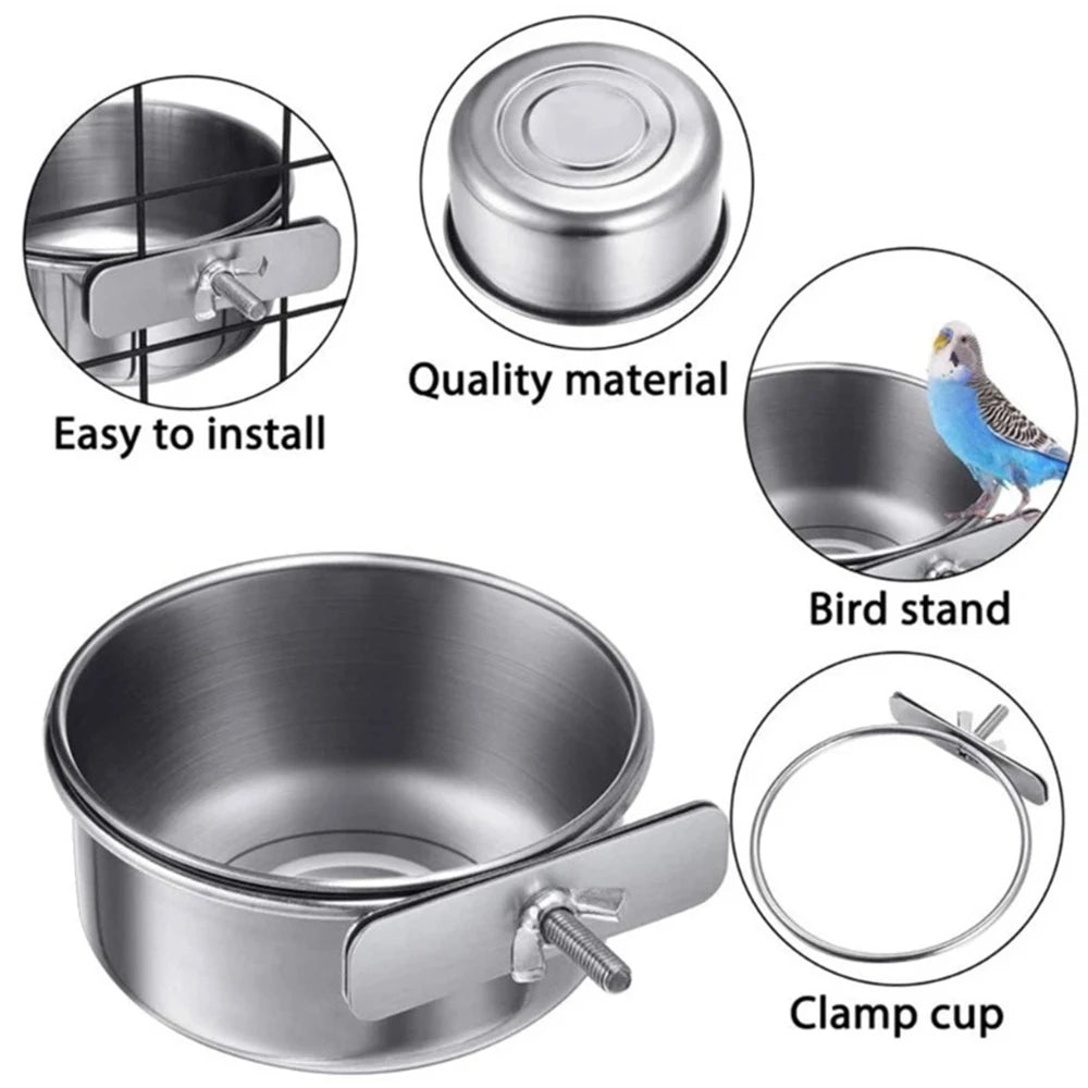 Parrot Rabbit Hamster Pet Food Dish Stainless Steel Clamp-on Water Drinker Bird Feeder Feeding Bowl Cage Cup Hanging bowl