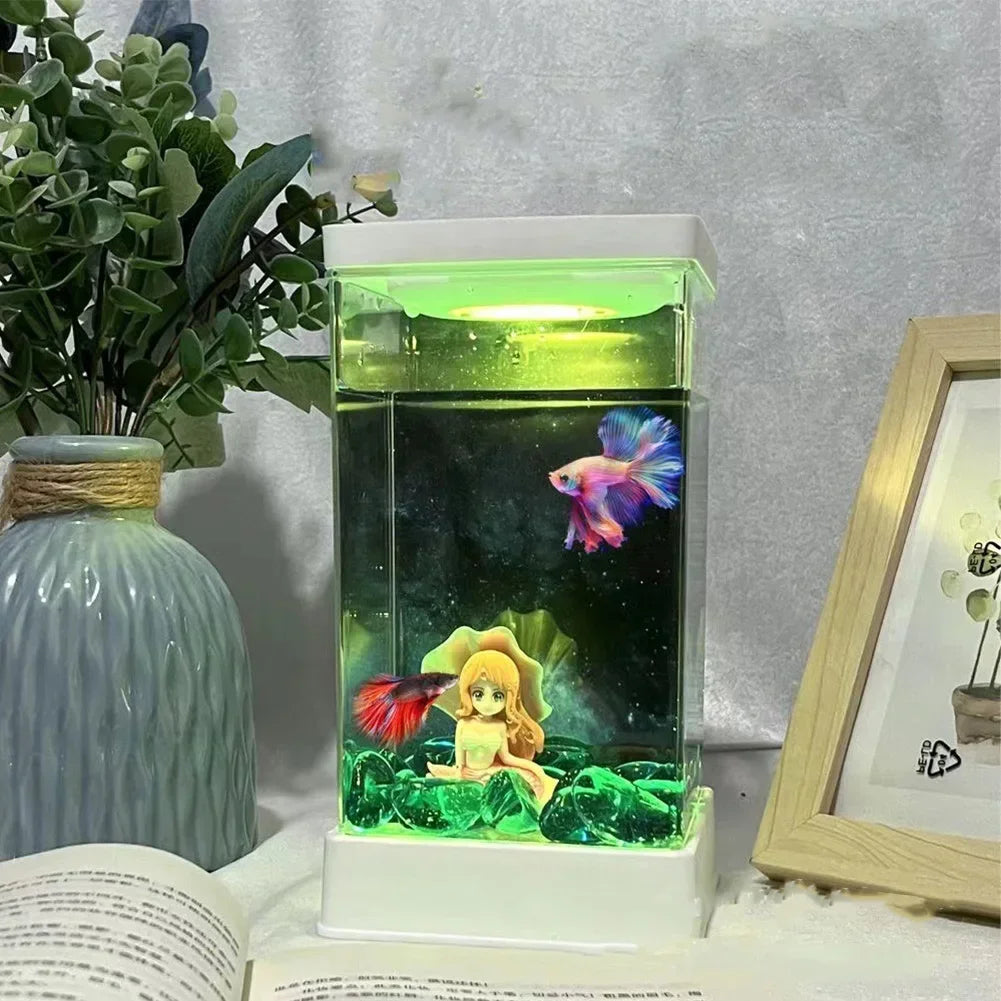 Desktop Betta Fish Tank with LED Light  Adjustable Light Small Aquarium Mini Plastic Fish Tank with Dimmable Lighting Home Decor