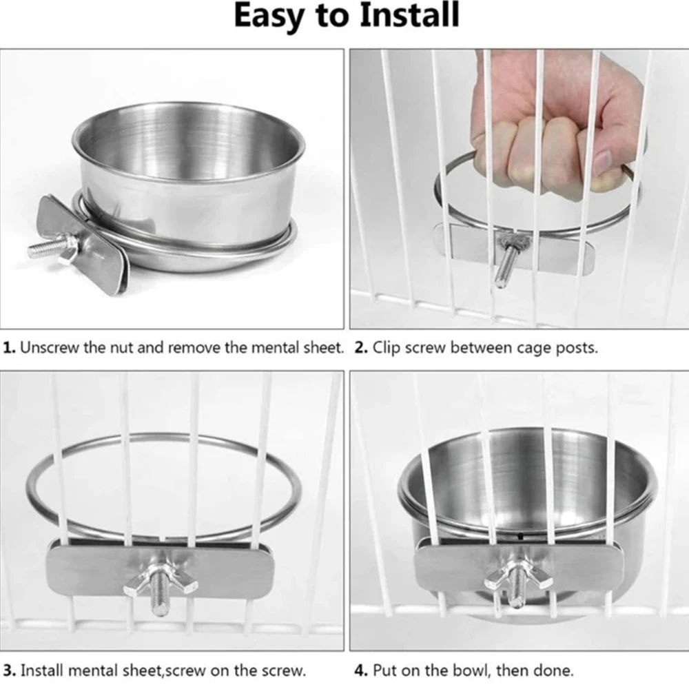 Parrot Rabbit Hamster Pet Food Dish Stainless Steel Clamp-on Water Drinker Bird Feeder Feeding Bowl Cage Cup Hanging bowl