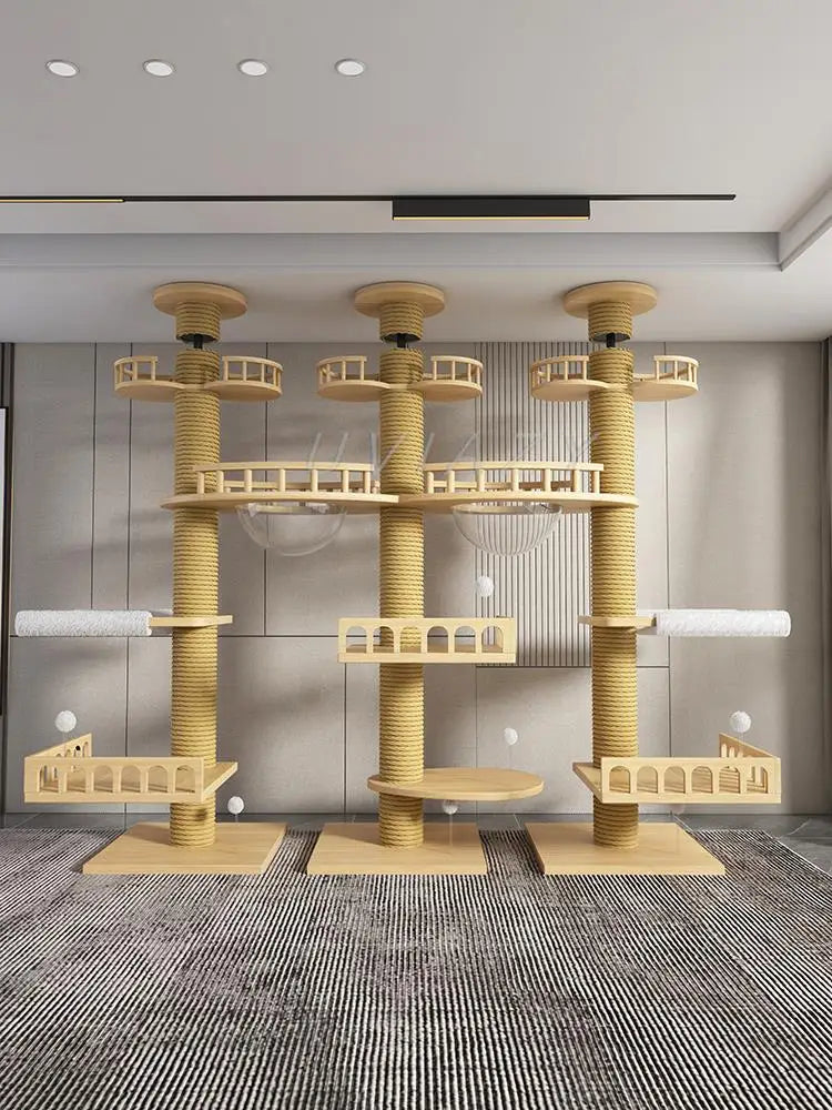 Multi-layer Three Columns Floor-to-Ceiling Cat Tree Cat Climbing Frame Tower Sisal Rope Scratching Post Height  Climbing Tree