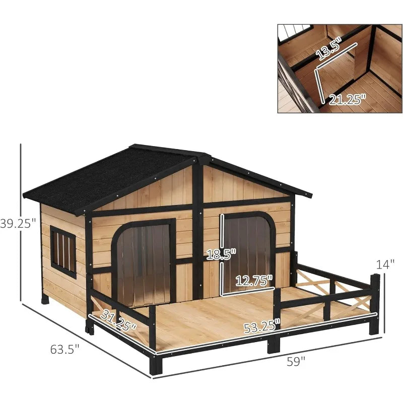 Wooden Large Dog House Outdoor Double XL Dog Kennel with Elevated Floor and Porch, Weatherproof Puppy Shelter for Small