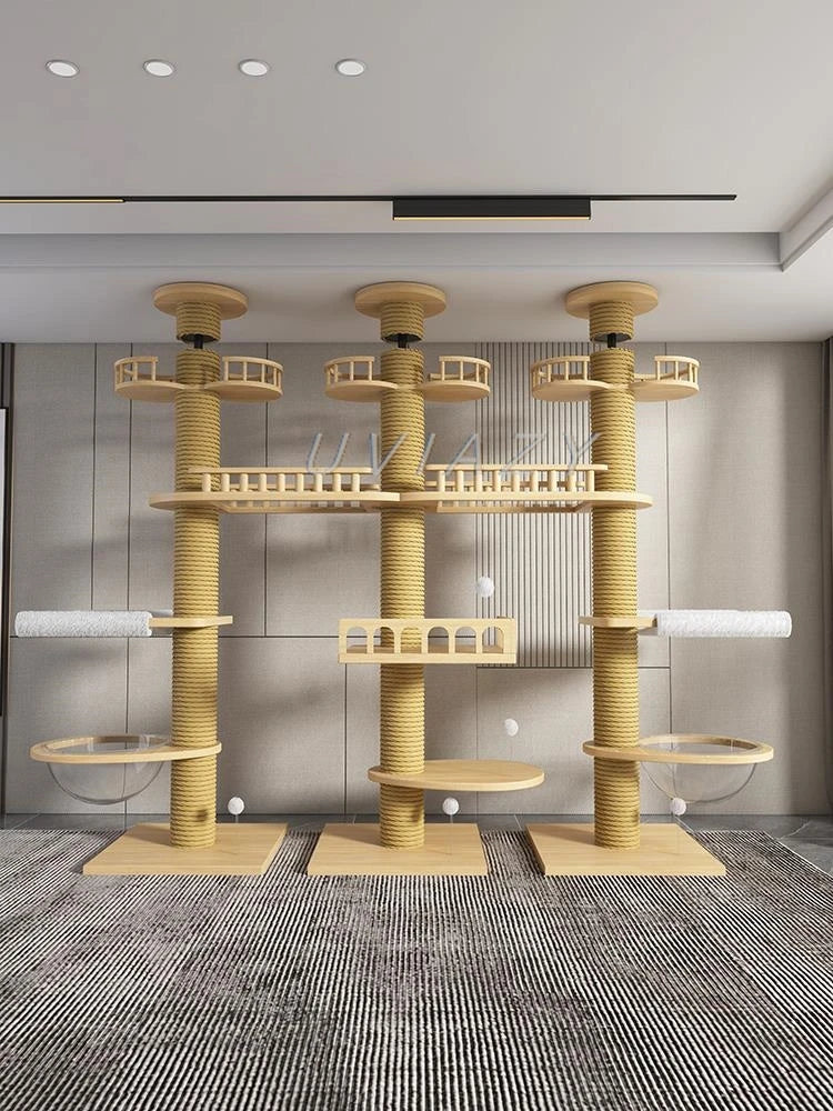 Multi-layer Three Columns Floor-to-Ceiling Cat Tree Cat Climbing Frame Tower Sisal Rope Scratching Post Height  Climbing Tree