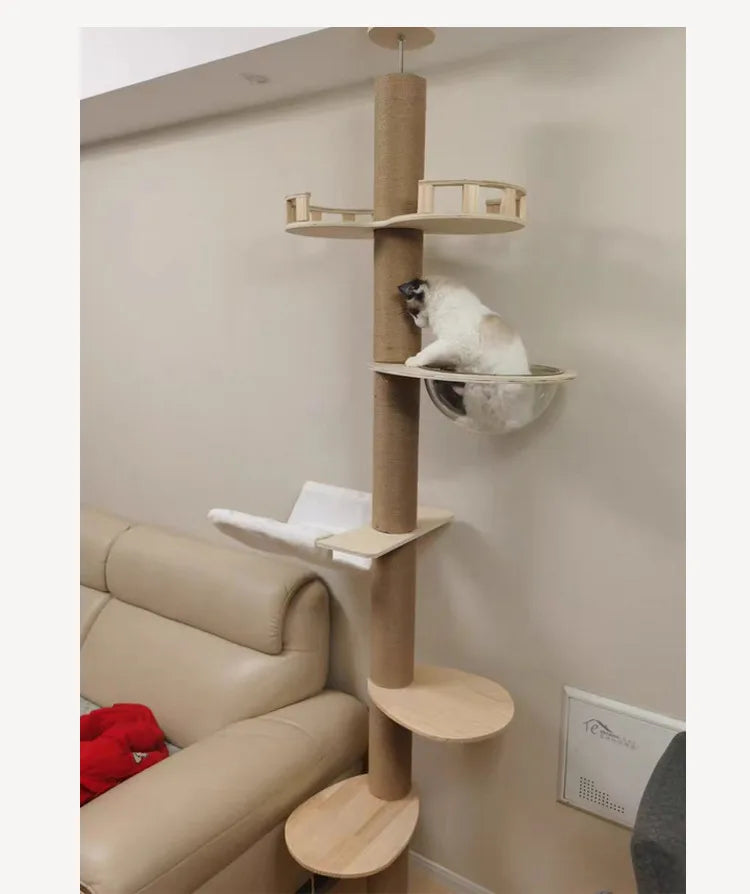 Adjustable Cat Tree House Cat Tower Floor to Ceiling Cats Multi-Level Condo With Scratching Post Hammock Pet Cat Activity Center