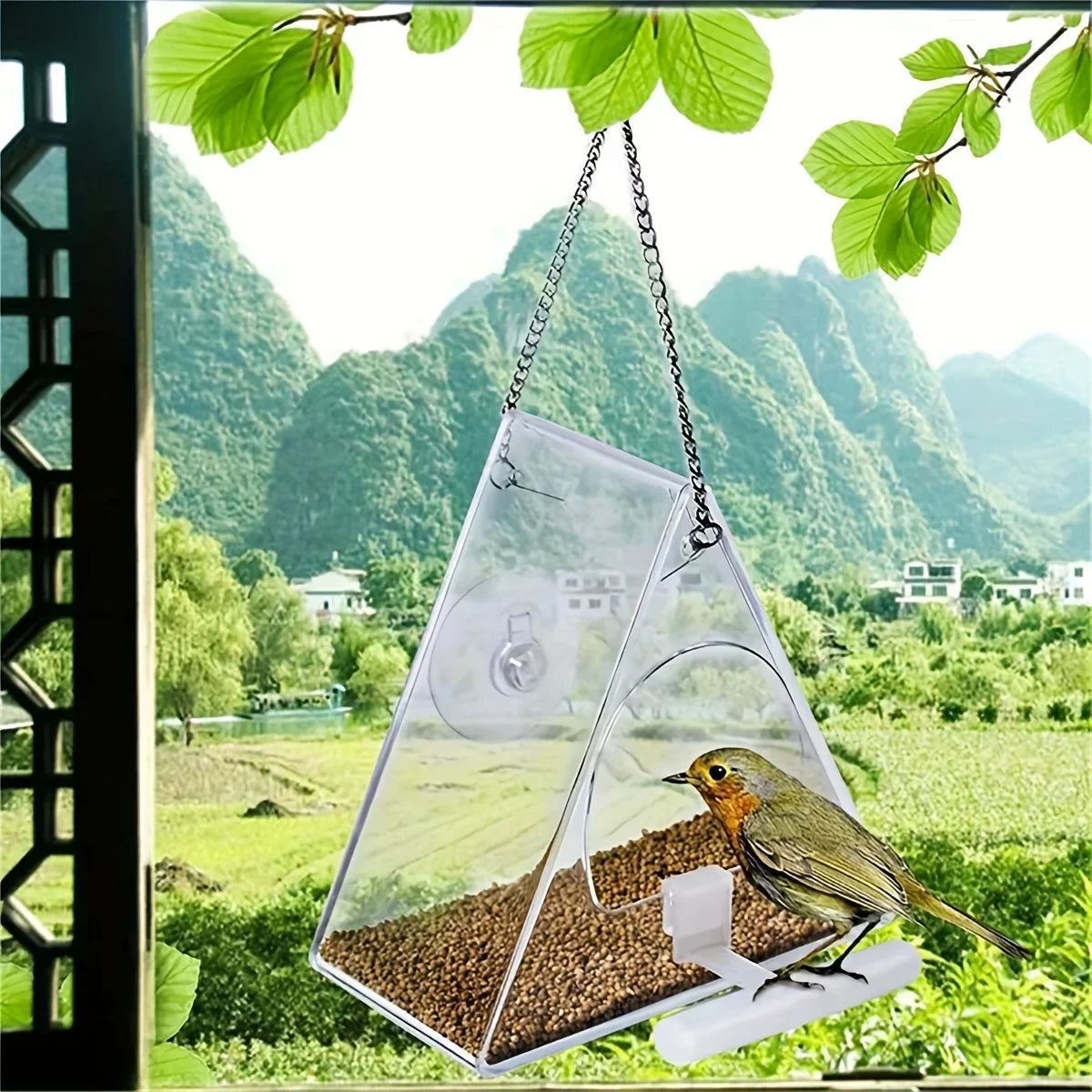 Window Bird Feeder Ultra-Strong Suction Cup, and Weather-Resistant Design for Garden Yard Patio Triangle Acrylic Bird Feeder