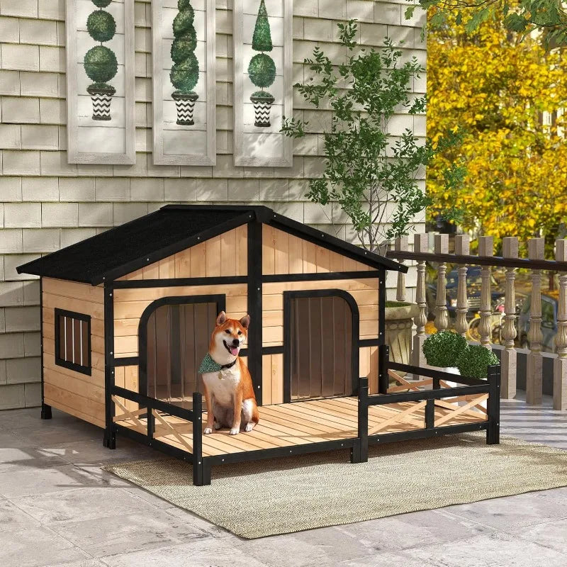 Wooden Large Dog House Outdoor Double XL Dog Kennel with Elevated Floor and Porch, Weatherproof Puppy Shelter for Small