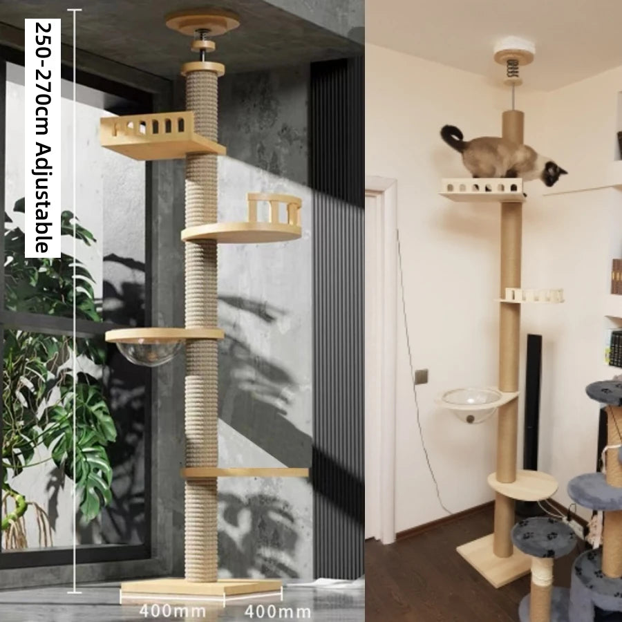 Adjustable Cat Tree House Cat Tower Floor to Ceiling Cats Multi-Level Condo With Scratching Post Hammock Pet Cat Activity Center