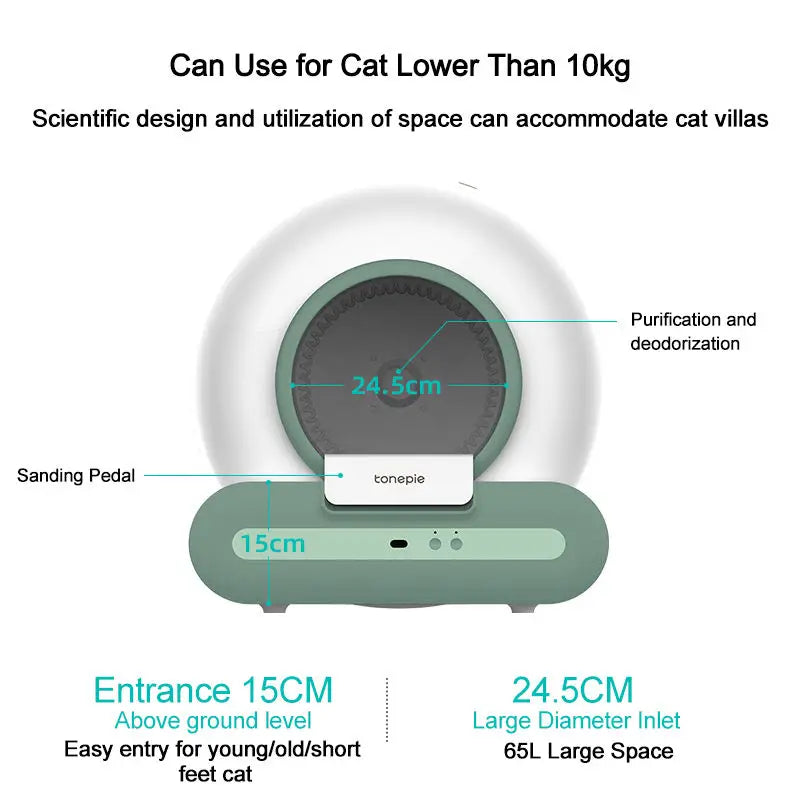 Tonepie Ti+ 65L upgraded intelligent cat litter box automatic pet toilet with 9L capacity trash can ,app control pet health care