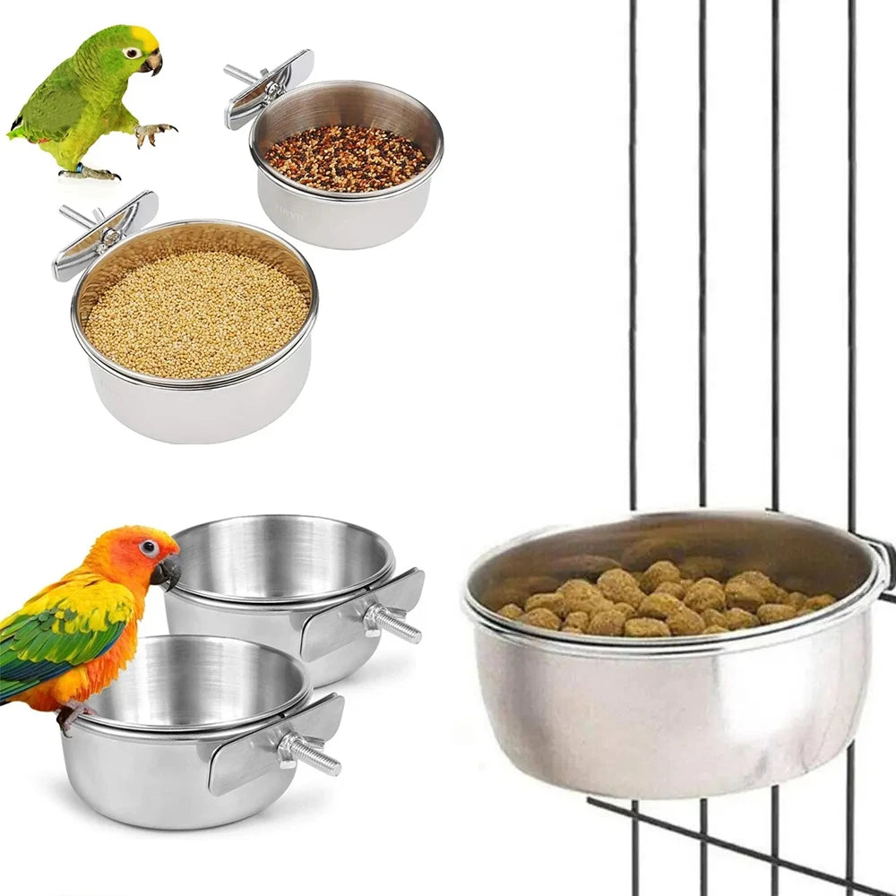 Parrot Rabbit Hamster Pet Food Dish Stainless Steel Clamp-on Water Drinker Bird Feeder Feeding Bowl Cage Cup Hanging bowl