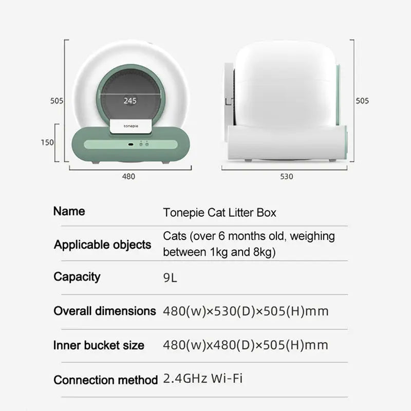 Tonepie Ti+ 65L upgraded intelligent cat litter box automatic pet toilet with 9L capacity trash can ,app control pet health care