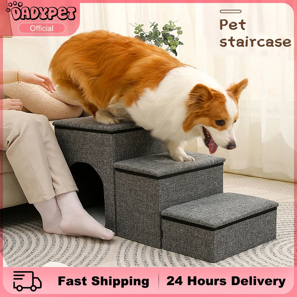 Folding Pet Stairs with Storage Box Non-Slip Pads High Beds Dog Puppy Ramp Dog Stairs for Indoor/Outdoor Travel Dog Cat Steps