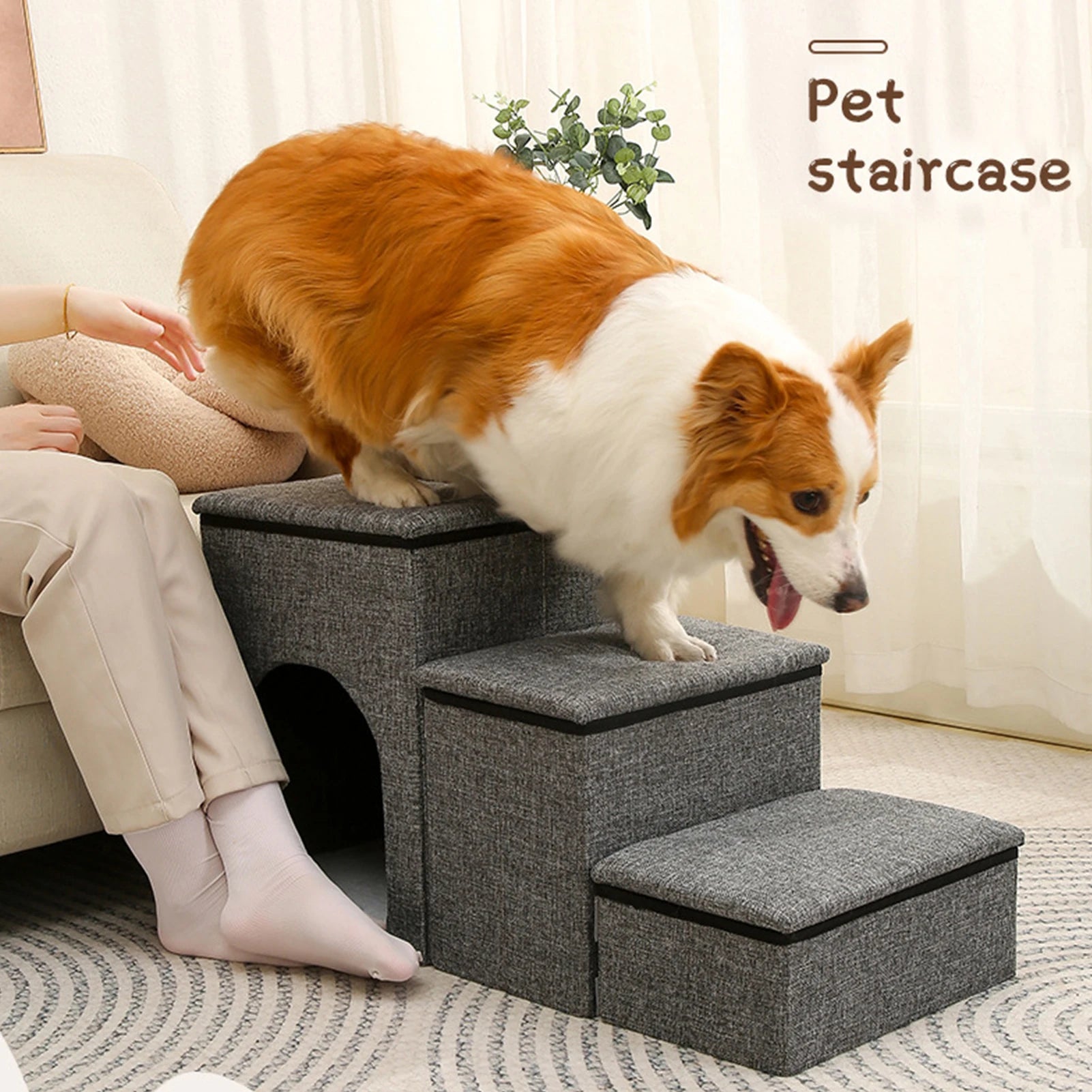 Folding Pet Stairs with Storage Box Non-Slip Pads High Beds Dog Puppy Ramp Dog Stairs for Indoor/Outdoor Travel Dog Cat Steps