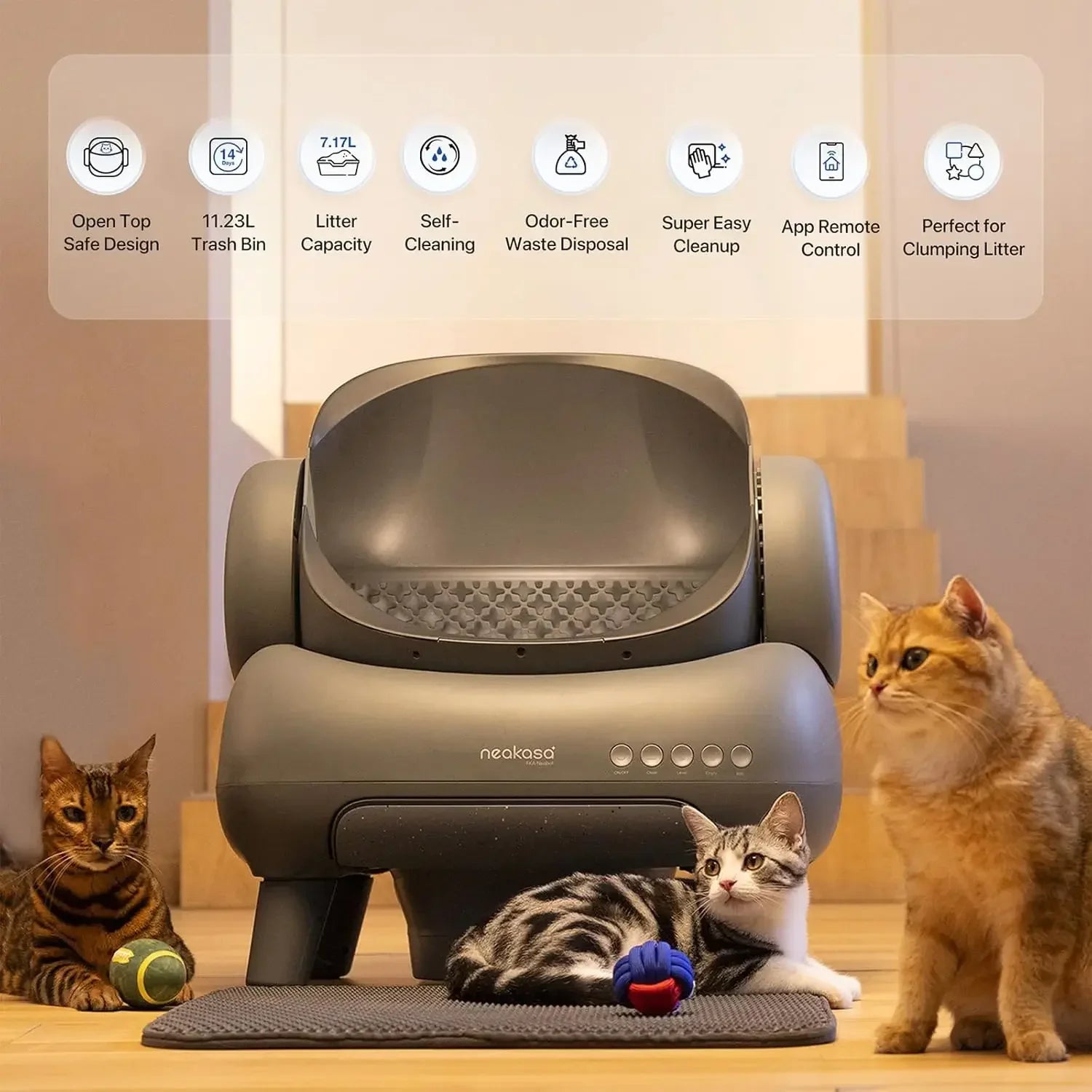 Neakasa M1 Automatic Cat Litter Box with App Control Open-Top Self Cleaning Smart Litter Box Safety Protection for Multi Cats