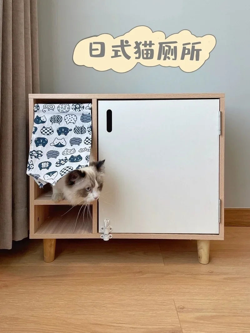 Japanese-style Wooden at Litter, Toilet, Enclosed Anti-splash and Odor-proof Cabinet, t Litter Box, Cat Furniture